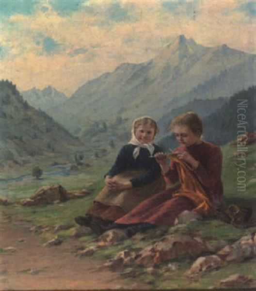 Alm Mit Vergnugten Madchen Beim Stricken Oil Painting by Theodor Kleehaas