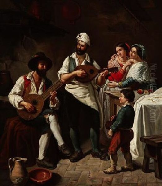 Italienische Familie Beim Musizieren In Der Kuche Oil Painting by Theodor Kleehaas