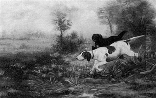 Portrait Of Hunting Dogs In A Landscape Oil Painting by Theodor Kleehaas