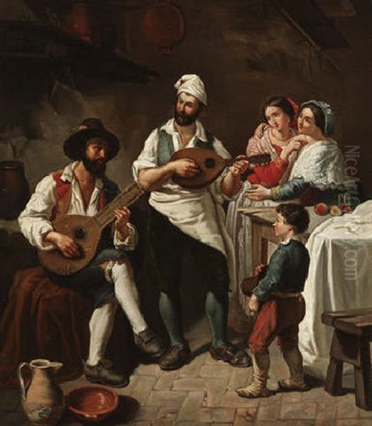 Italienische Familie Beim Musizieren In Der Kuche Oil Painting by Theodor Kleehaas