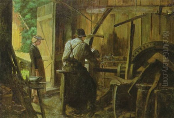 Besuch In Der Schleiferwerkstatt Oil Painting by Theodor Kleehaas