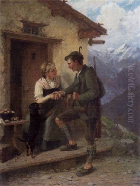 Jager Und Sennerin Vor Der Almhutte Im Gebirge Oil Painting by Theodor Kleehaas