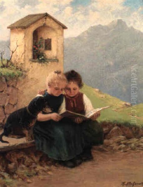 Two Young Girls And A Dachshund In An Alpine Landscape Oil Painting by Theodor Kleehaas