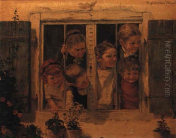 Children At The Window Oil Painting by Theodor Kleehaas