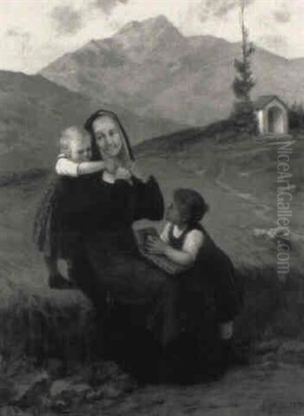 Nonne Mit Zwei Kleinen Kindern Oil Painting by Theodor Kleehaas