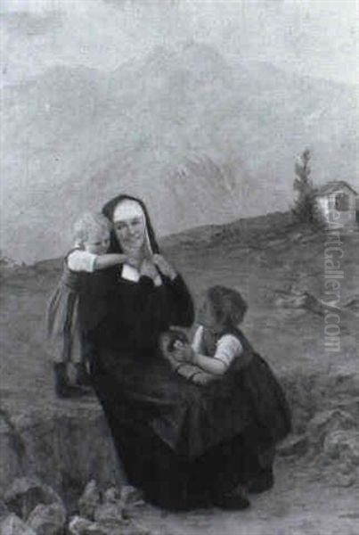 Nonne Mit Zwei Kindern In Gebirgslandschaft Oil Painting by Theodor Kleehaas