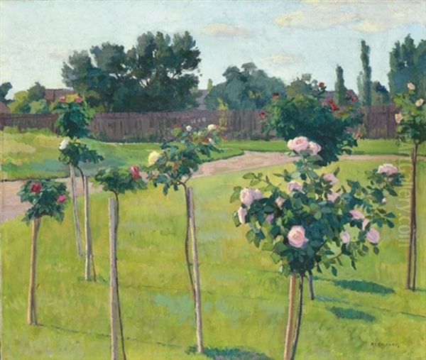 Roses In The Garden Oil Painting by Janos Kleh