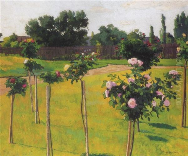 Szolnoki Kert Rozsakkal (garden With Roses In Szolnok) Oil Painting by Janos Kleh