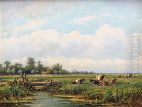 A Polder Landscape With Cows In Summer Oil Painting by Lodewijk Johannes Kleijn