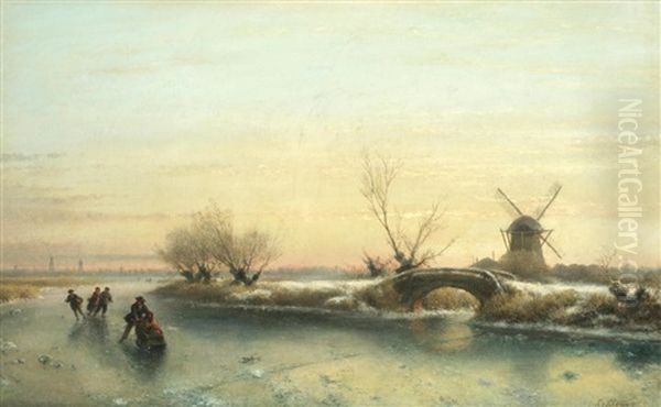 Skaters On A Frozen River Oil Painting by Lodewijk Johannes Kleijn