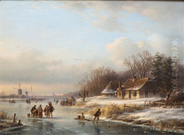 Icescape With Numerous Figures And A 'koek-en-zopie-tent Oil Painting by Lodewijk Johannes Kleijn