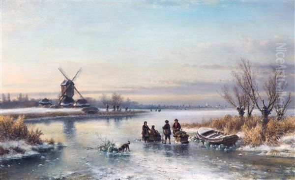 Dutch Winter Landscape With Figures On A Frozen Waterway Oil Painting by Lodewijk Johannes Kleijn