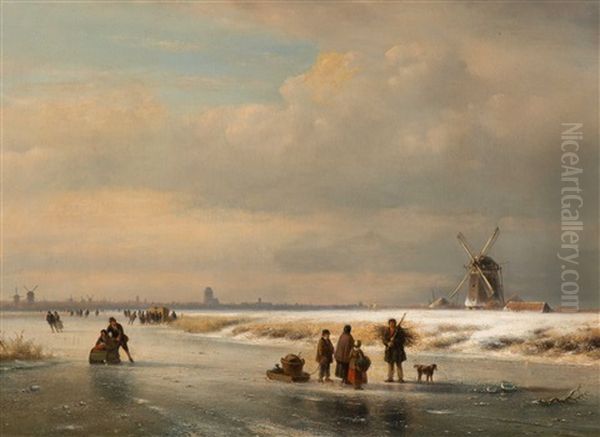 Icescape With 'koek-en-zopie-tent' And The City Of Dordrecht In The Background Oil Painting by Lodewijk Johannes Kleijn