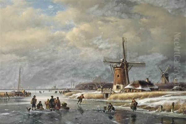 A Winter Landscape With Numerous Figures On The Ice Oil Painting by Lodewijk Johannes Kleijn