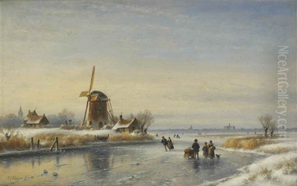 A Winter Landscape With Skaters On A Frozen River, Haarlem In The Distance Oil Painting by Lodewijk Johannes Kleijn