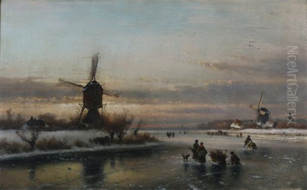 Skaters In A Winter Landscape by Lodewijk Johannes Kleijn