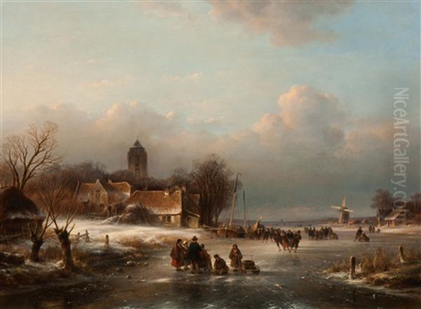 Activity On The Ice Oil Painting by Lodewijk Johannes Kleijn