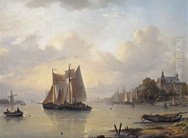 Moored Barges Near A Town Oil Painting by Lodewijk Johannes Kleijn