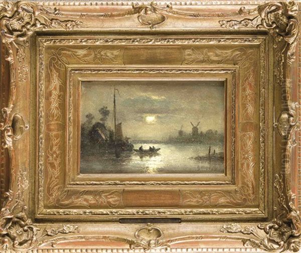 Hollandische Kustenlandschaft Mit Ruderboot Im Mondlicht Oil Painting by Lodewijk Johannes Kleijn