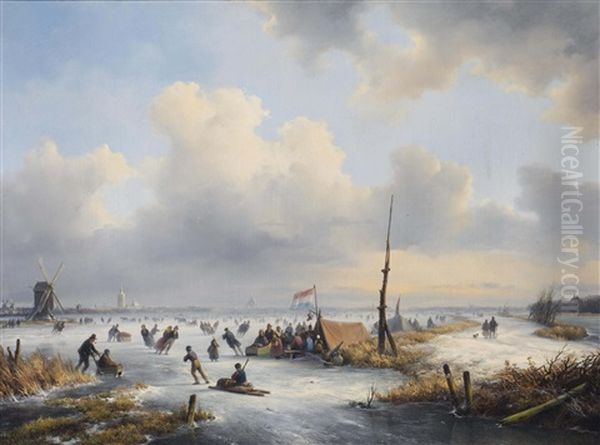 A Winter Landscape With Figures Skating Near A Koek-and-zopie Oil Painting by Lodewijk Johannes Kleijn