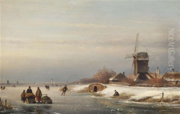 A Winter Landscape With Figures On The Ice Oil Painting by Lodewijk Johannes Kleijn