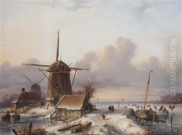 A Winter Scene With Skaters Near Windmills by Lodewijk Johannes Kleijn