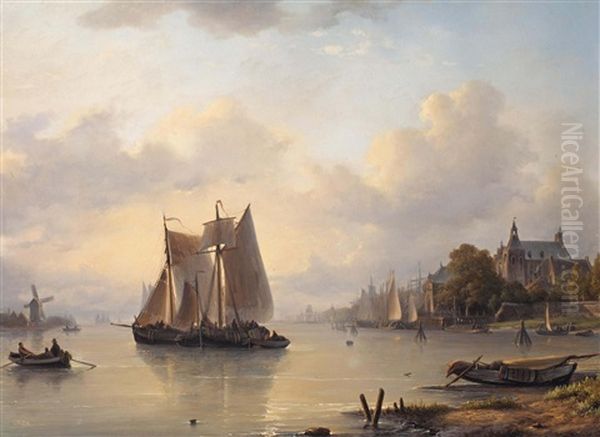 Moored Barges Near A Town Oil Painting by Lodewijk Johannes Kleijn