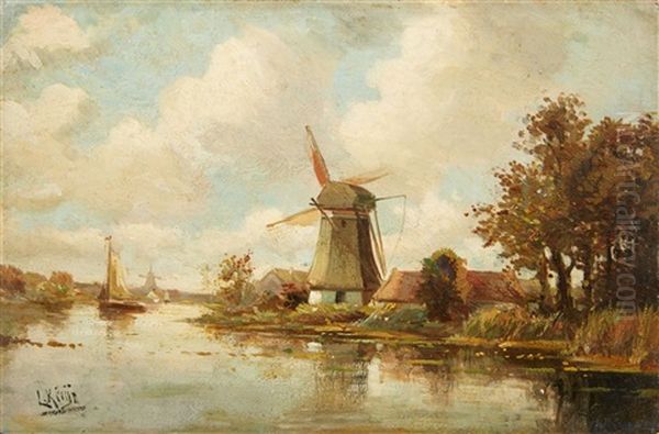 A Dutch River Landscape With A Windmill Oil Painting by Lodewijk Johannes Kleijn