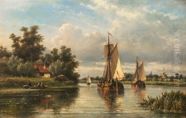 River Landscape With Boats Oil Painting by Lodewijk Johannes Kleijn