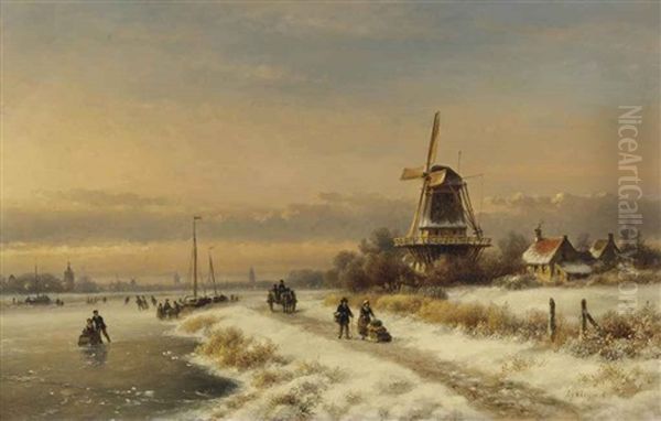 A Winter Landscape With Skaters Near A Windmill Oil Painting by Lodewijk Johannes Kleijn