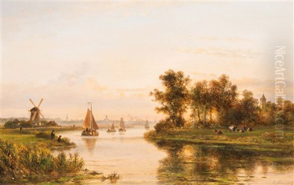 Summer River Landscape With A City In The Background Oil Painting by Lodewijk Johannes Kleijn