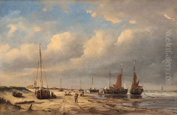 Fishing Boats On The Beach Oil Painting by Lodewijk Johannes Kleijn