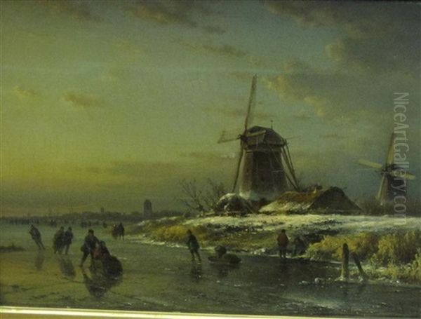 A Winter Landscape With Figures Skating by Lodewijk Johannes Kleijn