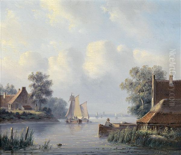 Hollandische Flusslandschaft Mit Fischerbooten Oil Painting by Lodewijk Johannes Kleijn