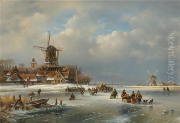 Dorfbewohner Auf Einem Gefrorenen Kanal Oil Painting by Lodewijk Johannes Kleijn