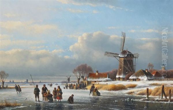 Dutch Winter Skating Scene With Daily Life On The Frozen River, Panoramic Landscape With Windmills And Cloud-spotted Blue Sky Oil Painting by Lodewijk Johannes Kleijn