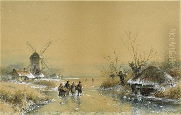 Auf Dem Zugefrorenem Fluss (+ Another, Lrgr; 2 Works) Oil Painting by Lodewijk Johannes Kleijn