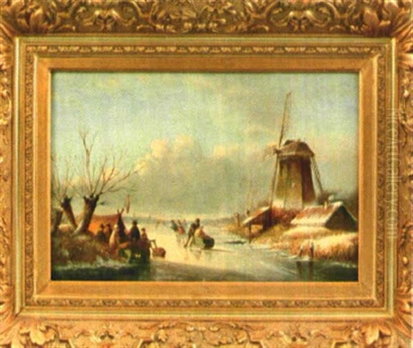 Zugefrorener See An Einer Muhle Mit Munterem Treiben Auf Dem Eis Oil Painting by Lodewijk Johannes Kleijn