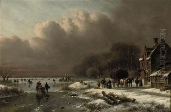 A Winter Landscape With Numerous Figures And A Koek-en-zopie Oil Painting by Lodewijk Johannes Kleijn