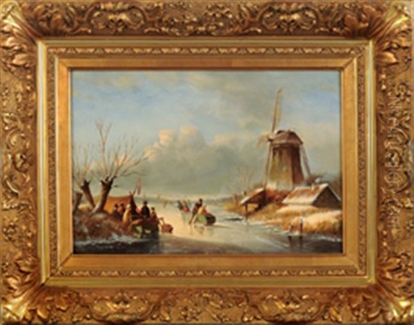 Zugefrorener See An Einer Muhle Mit Munterem Treiben Auf Dem Eis Oil Painting by Lodewijk Johannes Kleijn