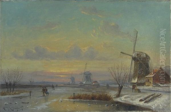 Winter Landscape With Skaters On A Canal Along Three Windmills Oil Painting by Lodewijk Johannes Kleijn