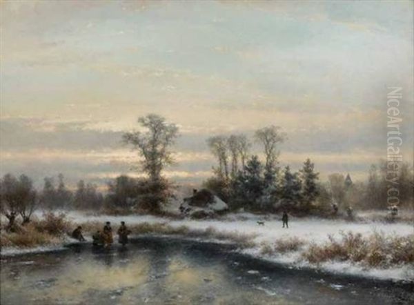 Paysage D'hiver Avec Etang Gele Anime De Chasseurs Oil Painting by Lodewijk Johannes Kleijn