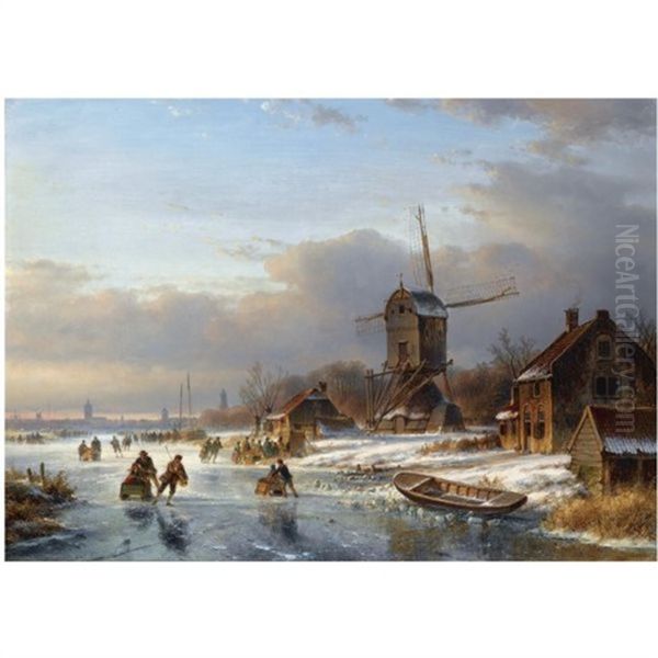 Many Skaters At A Koek En Zopie Near A Windmill Oil Painting by Lodewijk Johannes Kleijn