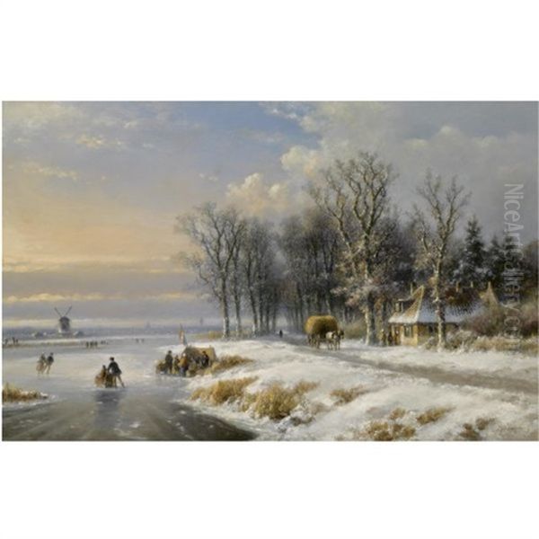 Skaters On The Ice Near A Koek En Zopie Oil Painting by Lodewijk Johannes Kleijn