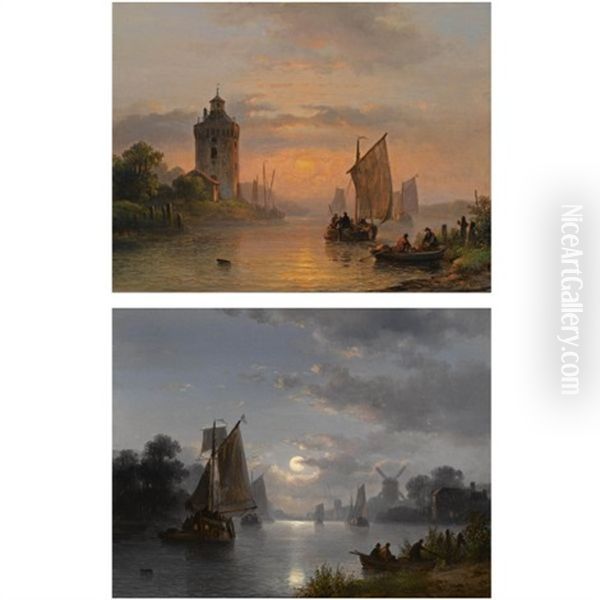 A River Landscape At Dusk (+ A River Landscape At Dawn; Pair) Oil Painting by Lodewijk Johannes Kleijn