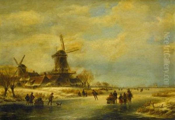 Landscape With Villagers On A Frozen Waterway Oil Painting by Lodewijk Johannes Kleijn