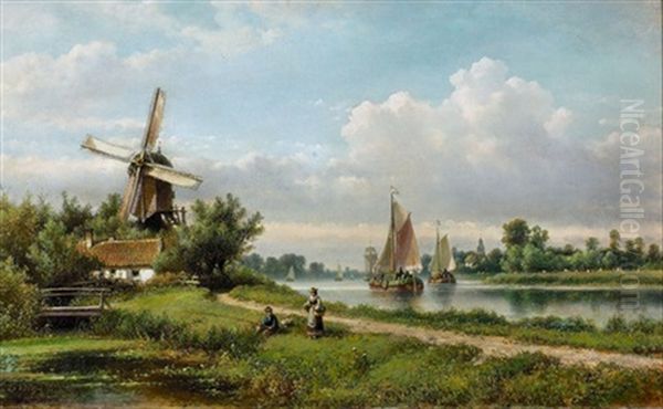 Hollandische Flusspartie Mit Windmuhle by Lodewijk Johannes Kleijn