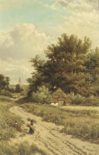 Conversing On A Sandy Track In Summer, Rhenen, The Cunera Tower Beyond Oil Painting by Lodewijk Johannes Kleijn