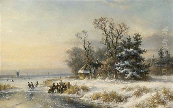 A Winter Landscape With Skaters Near A Koek En Zopie Oil Painting by Lodewijk Johannes Kleijn