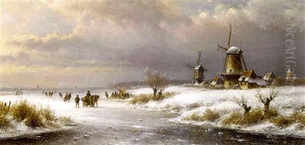 A Winter Landscape With Figures On The Ice And Windmills Beyond Oil Painting by Lodewijk Johannes Kleijn